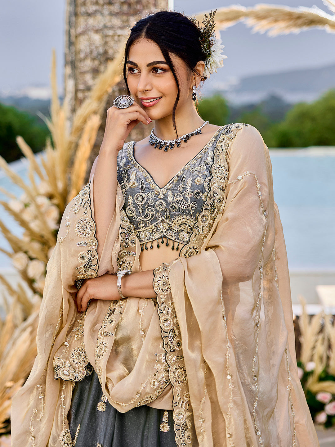 Tissue Fabric Beads & Sequince Embroidered Ready to Wear Lehenga Choli & Dupatta houseofpanchhi