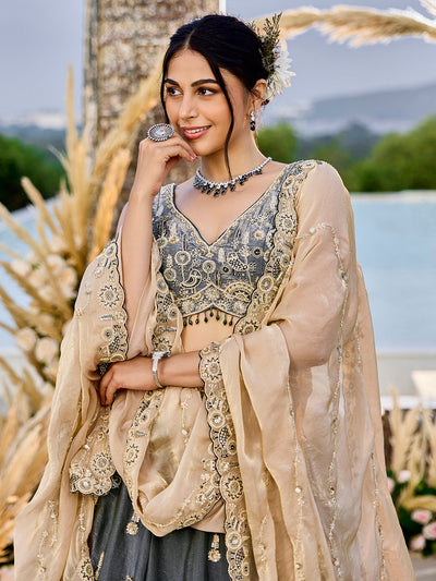 Tissue Fabric Beads & Sequince Embroidered Ready to Wear Lehenga Choli & Dupatta houseofpanchhi