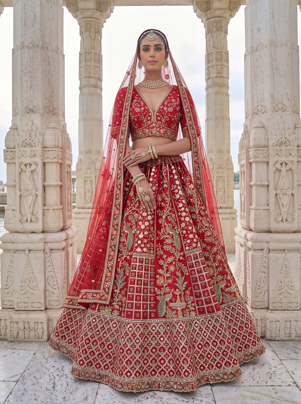 Red Color Bridal Handwork, Mirror-Thread Work Gadhwal Silk Embroidered Peacock Semi-Stitched Lehenga Choli House of Panchhi