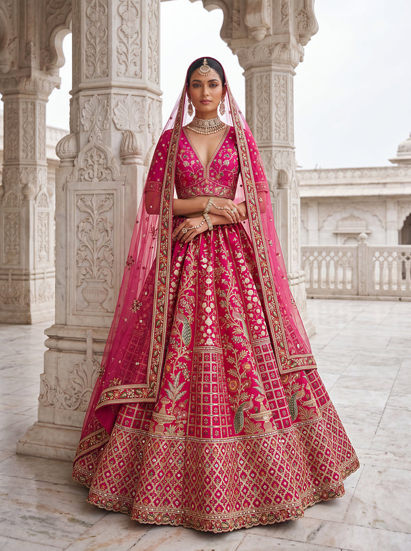 Pink Color Bridal Handwork, Mirror-Thread Work Gadhwal Silk Embroidered Peacock Semi-Stitched Lehenga Choli (Copy) House of Panchhi