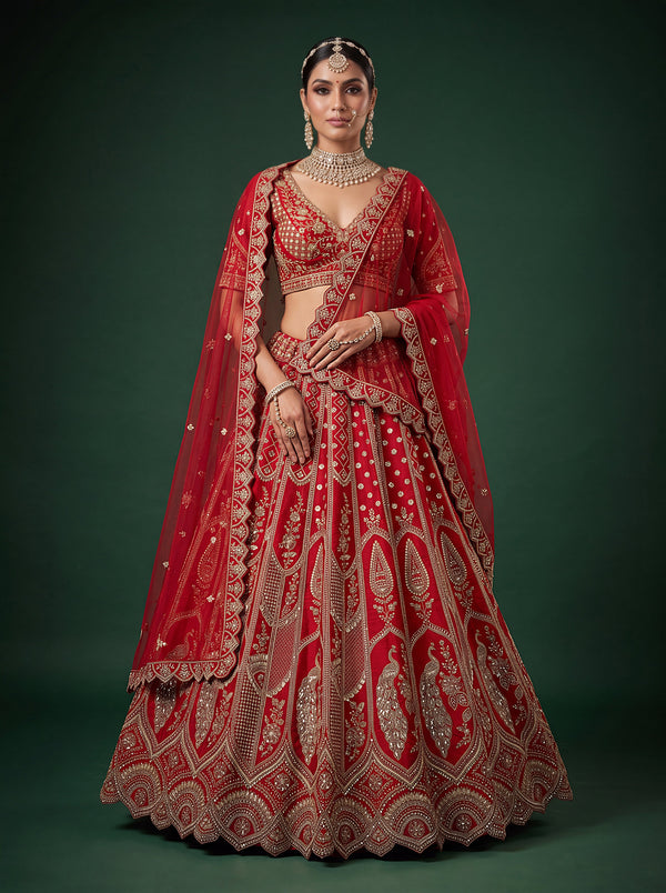 Pink Color Bridal Slub Silk Handwork using Beads & Cutdana Semi-Stitched Lehenga Choli House of Panchhi