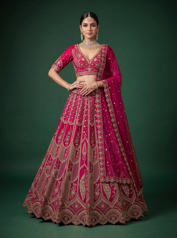 Rani-Pink Color Bridal Slub Silk Handwork using Beads & Cutdana Semi-Stitched Lehenga Choli House of Panchhi