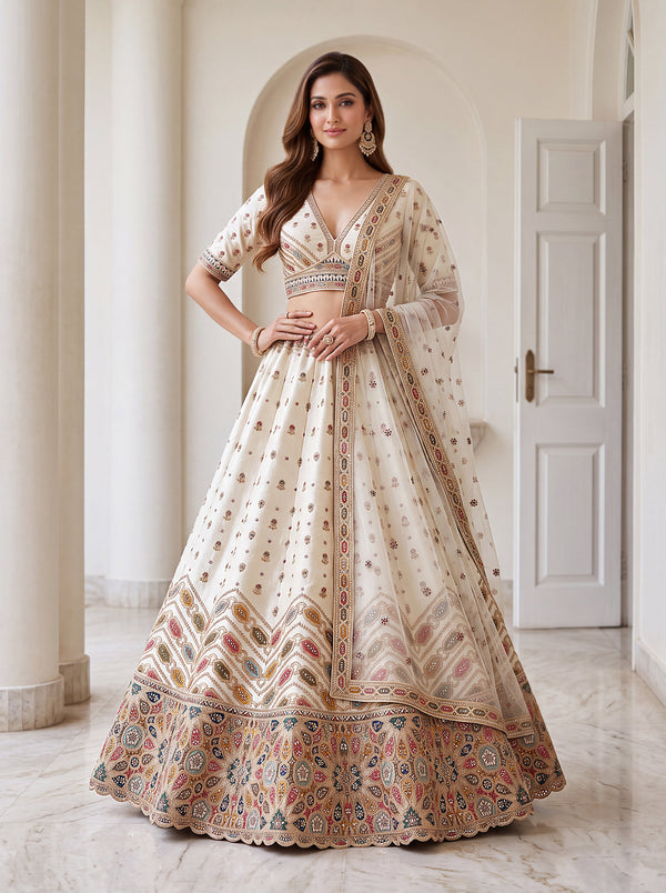 White Color Slub Silk Zari Work, Sequins Work, Threadwork ,Diamond work Semi-Stitched Lehenga choli & Dupatta (Copy) House of Panchhi