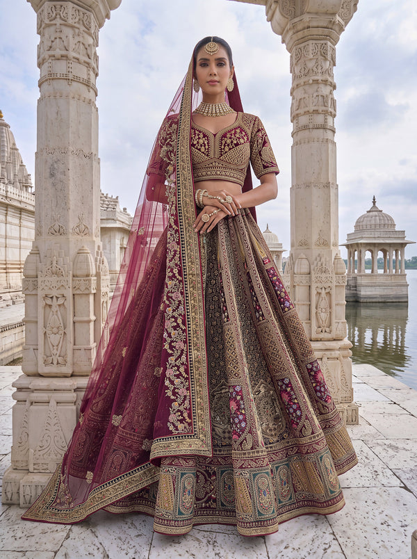 Maroon Color Velvet Bridal Zari Work, Sequins Work, Threadwork, Motif work,Peacock Pattern Embroidered Semi-Stitched Lehenga Choli House of Panchhi