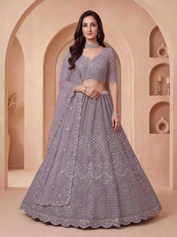 Lavender Color Net Embroidered Using Sequin & Cutdana Semi-Stitched Lehenga Choli House of Panchhi