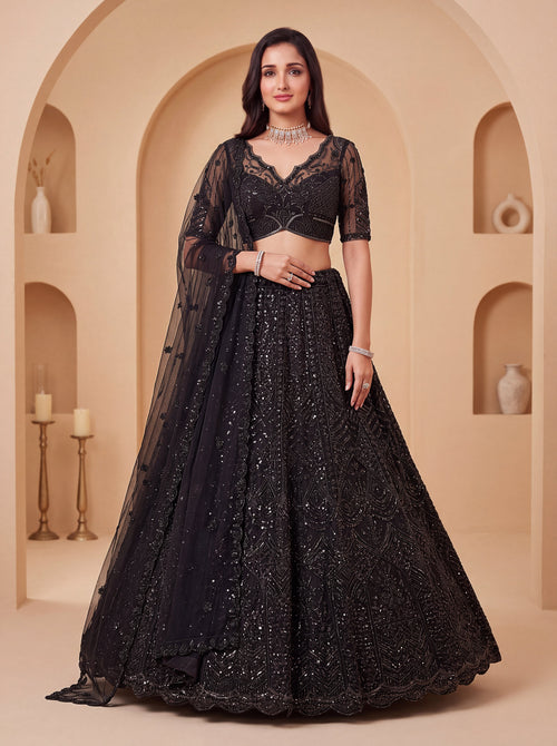 Black Color Net Embroidered Using Sequin & Cutdana Semi-Stitched Lehenga Choli
