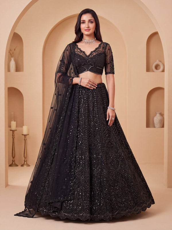 Black Color Net Embroidered Using Sequin & Cutdana Semi-Stitched Lehenga Choli House of Panchhi