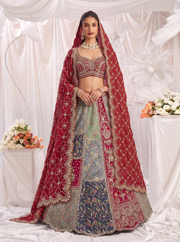 Multi-tone Banarasi Silk Patch work, Real Hand Mirror Crafted, Resham Thread Work,Sequins Ready to Wear Lehenga Choli & Dupatta houseofpanchhi