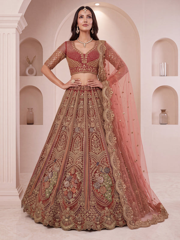 Rust Color Net Fabric Fully Embroidered Peacock Pattern, Threaded, Zarkan Semi-Stitched Lehenga Choli House of Panchhi
