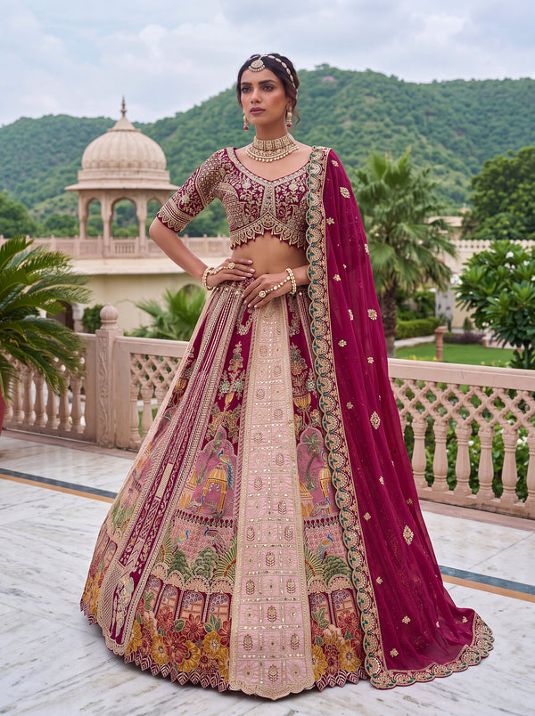 Pink Color Banarasi Silk Print Embroidered, Dori and Zari work, Hand Mirror Crafted, Sequins Ready to Wear Lehenga Choli & Dupatta houseofpanchhi