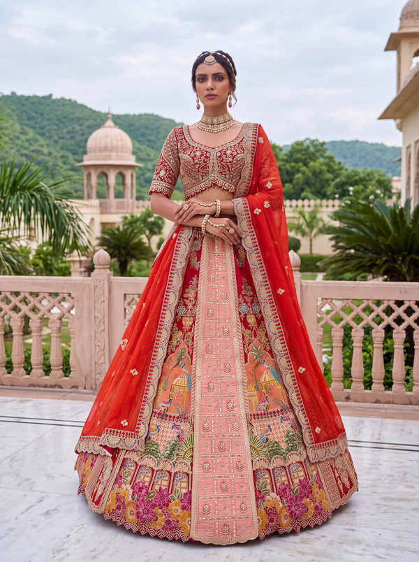 Orange Color Banarasi Silk Position Print Embroidered, Dori and Zari work, Hand Mirror Crafted, Sequins Ready to Wear Lehenga Choli & Dupatta houseofpanchhi