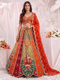 Shade of Orange Color Banarasi Silk Position Print Embroidered, Dori and Zari work, Hand Mirror Crafted, Sequins Ready to Wear Lehenga Choli & Dupatta