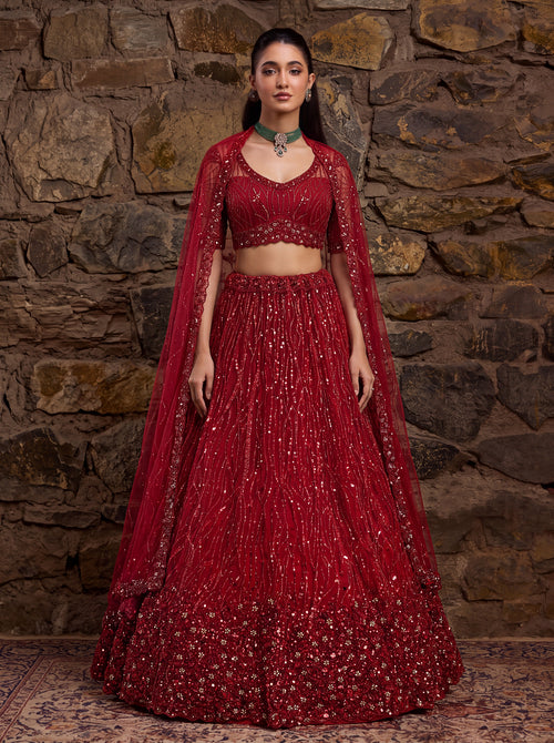 Red Color Net Heavy Embroidered Using Red Sequin & Golden Beads Embroidered Semi-Stitched Lehenga Choli