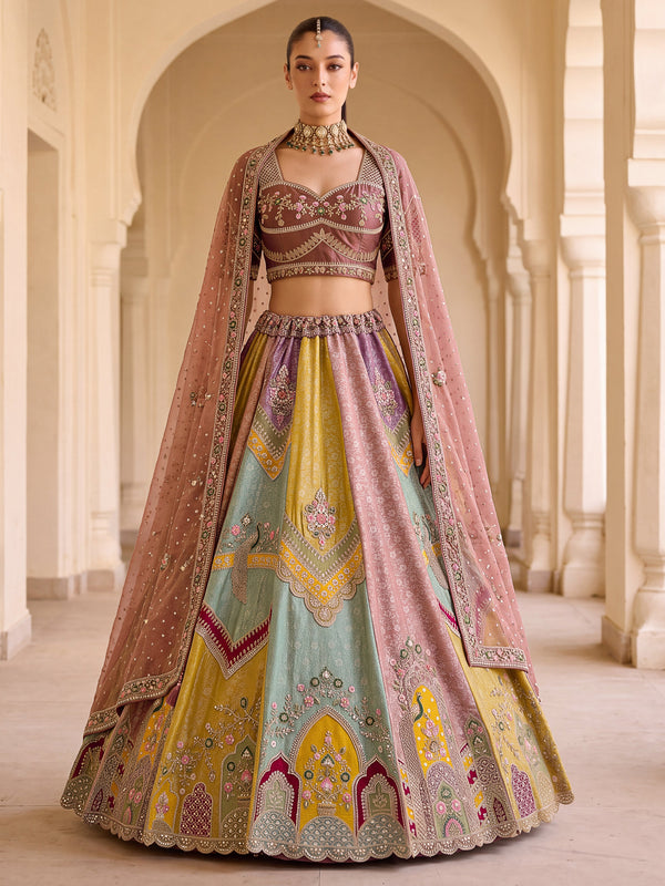Multi-Color Silk Patch Work & Moti,Beads Work Designer Semi-Stitched Lehenga Choli House of Panchhi
