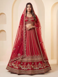 Red Silk Wedding Motif using Beads, Golden Sequins-Thread Handwork Bridal Semi-Stitched Lehenga Choli
