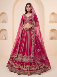 Rani-Pink Silk Wedding Motif using Beads, Golden Sequins-Thread Handwork Bridal Semi-Stitched Lehenga Choli