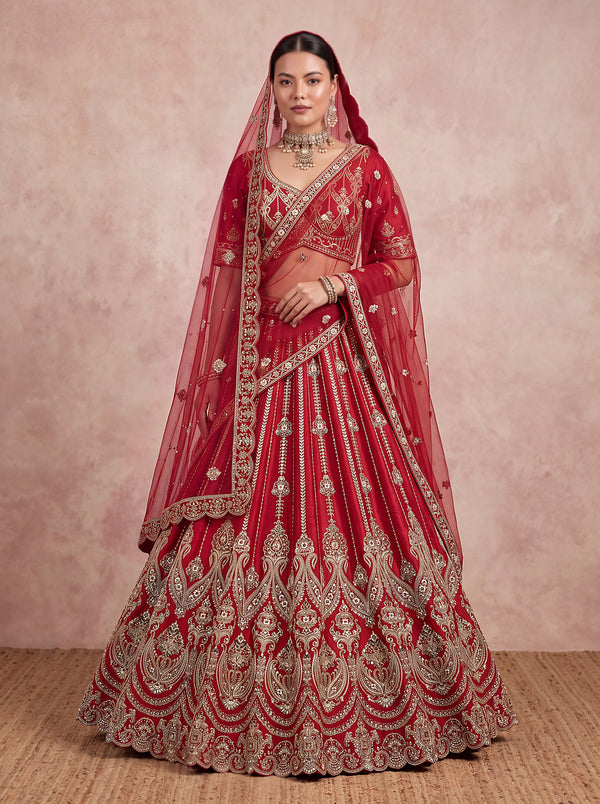 Red Silk Bridal Embroidered using Beads, Moti, Cotton-Thread Handwork Semi-Stitched Lehenga Choli House of Panchhi