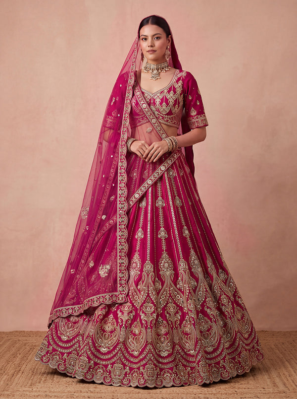 Rani-Pink Silk Bridal Embroidered using Beads, Moti, Cotton Multi-Thread Handwork Semi-Stitched Lehenga Choli House of Panchhi