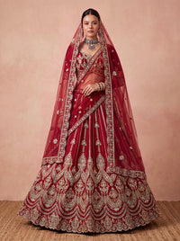 Maroon Silk Bridal Embroidered using Beads, Moti, Cotton Multi-Thread Handwork Semi-Stitched Lehenga Choli
