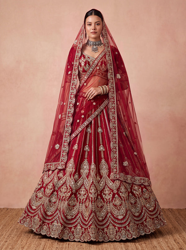 Maroon Silk Bridal Embroidered using Beads, Moti, Cotton Multi-Thread Handwork Semi-Stitched Lehenga Choli House of Panchhi