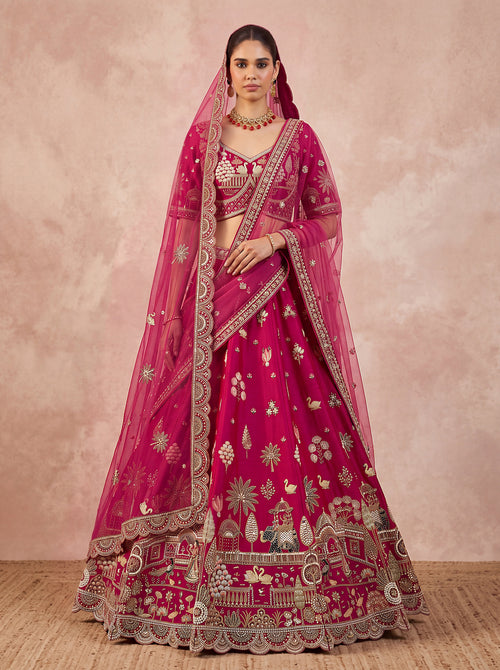 Rani-Pink Silk Ethnic Motif Handwork Golden Sequins-Thread Work Bridal Semi-Stitched Lehenga Choli