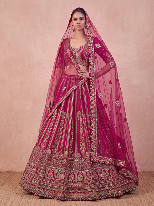 Rani-Pink Silk Floral Pattern using Beads, Golden Sequins-Thread Handwork Bridal Semi-Stitched Lehenga Choli House of Panchhi