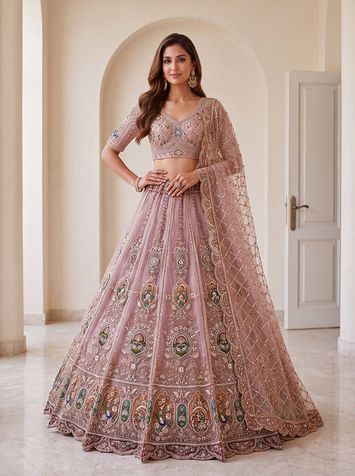 Light Pink Net Golden Beads ,Multi-color Thread, Sequin Handwork Semi-Stitched Lehenga Choli