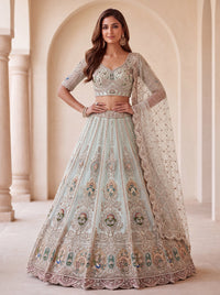 Pastel Green Net Golden Beads ,Multi-color Thread, Sequin Handwork Semi-Stitched Lehenga Choli