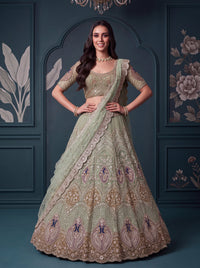 Pista Color Net Peacock Motif Golden White Beads ,Golden Sequin Handwork Semi-Stitched Lehenga Choli