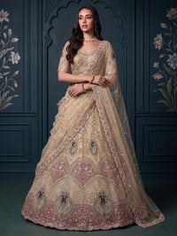 Golden Color Net Peacock Motif Golden White Beads ,Golden Sequin Handwork Semi-Stitched Lehenga Choli