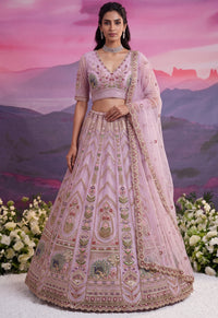 Mauve Color Net Moti-Beads-Sequin Embroidered Semi-Stitched Lehenga Choli