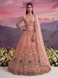 Peach Color Net Moti-Beads-Sequin Embroidered Semi-Stitched Lehenga Choli