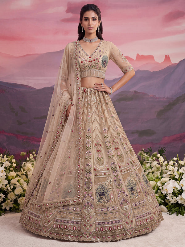 Beige Color Net Moti-Beads-Sequin Embroidered Semi-Stitched Lehenga Choli House of Panchhi
