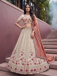 Beige-Rust Color Silk Flower Pattern Golden Beads-Sequin Semi-Stitched Lehenga Choli