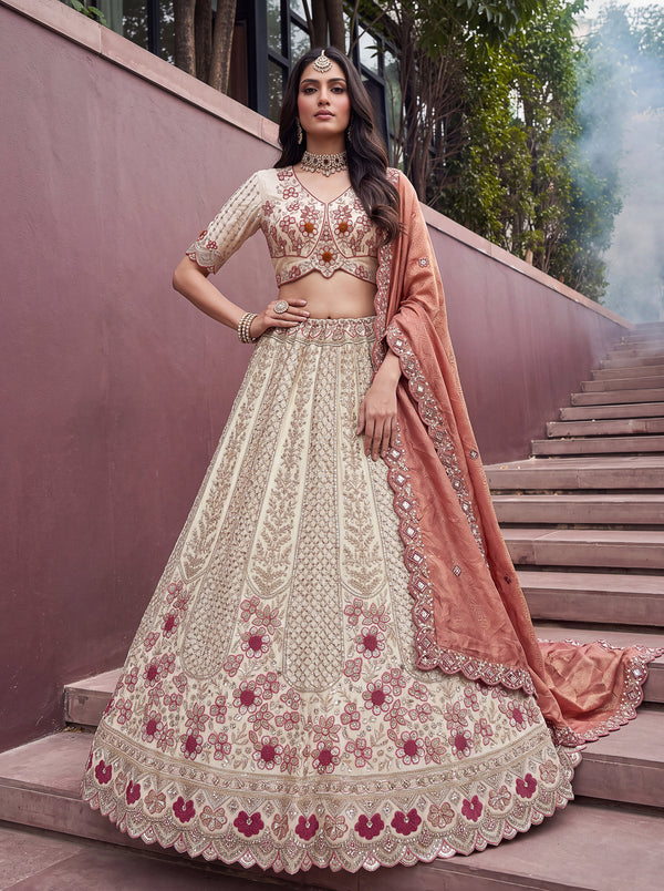 Beige-Rustl Color Silk Flower Pattern Golden Beads-Sequin Semi-Stitched Lehenga Choli House of Panchhi