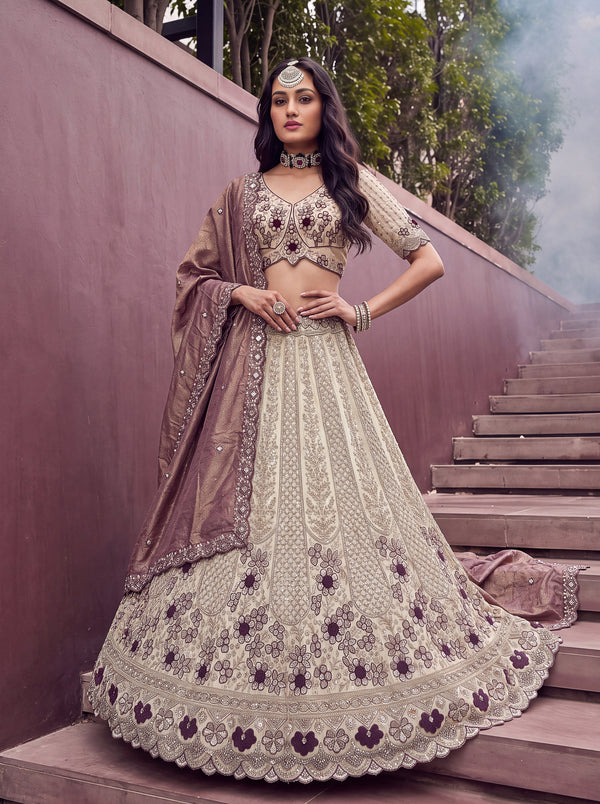 Beige-Purple Color Silk Flower Pattern Golden Beads-Sequin Semi-Stitched Lehenga Choli House of Panchhi