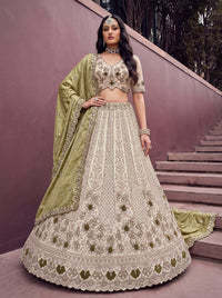 Beige-Olive Color Silk Flower Pattern Golden Beads-Sequin Semi-Stitched Lehenga Choli