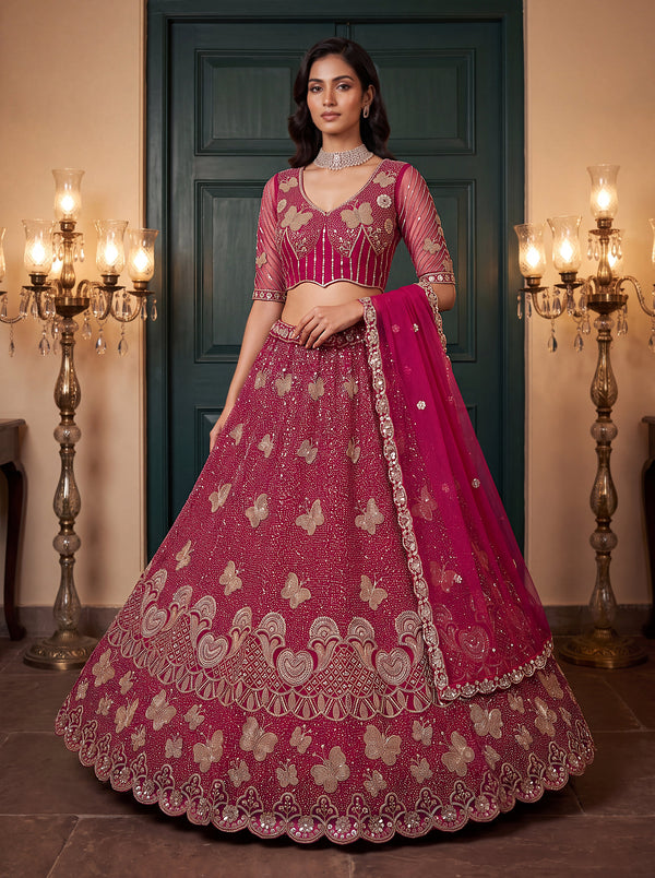 Rani-Pink Net Butterfly Motif Beads-Sequin Embroidered Semi-Stitched Lehenga Choli House of Panchhi