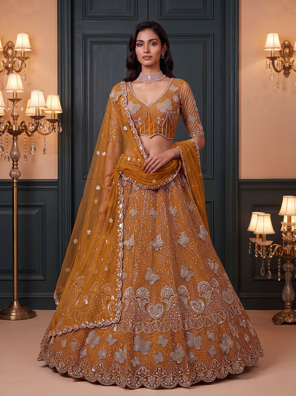 Mustard Net Butterfly Motif Beads-Sequin Embroidered Semi-Stitched Lehenga Choli House of Panchhi