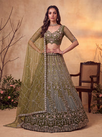 Olive Shaded Net Floral Embroiderey Using Beads-Sequin Embroidered Semi-Stitched Lehenga Choli