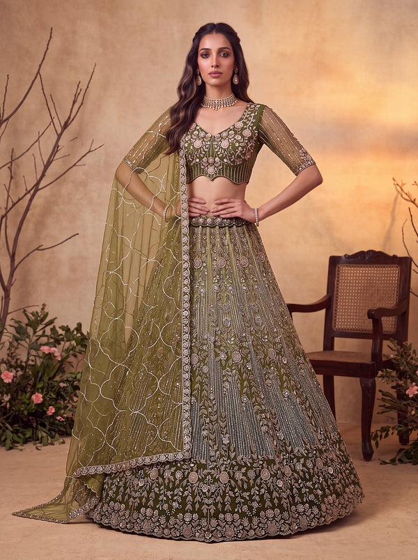 Olive Shaded Net Floral Embroiderey Using Beads-Sequin Embroidered Semi-Stitched Lehenga Choli House of Panchhi