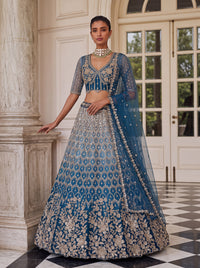 Teal-Blue Shaded Net Floral Pattern Embroidered  Semi-Stitched Lehenga Choli
