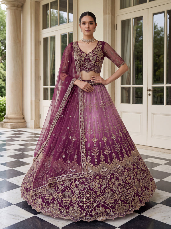 Burgundy Shaded Net Beads Embroidered Semi-Stitched Lehenga Choli House of Panchhi