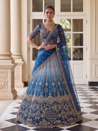 Teal Shaded Net Beads Embroidered Semi-Stitched Lehenga Choli