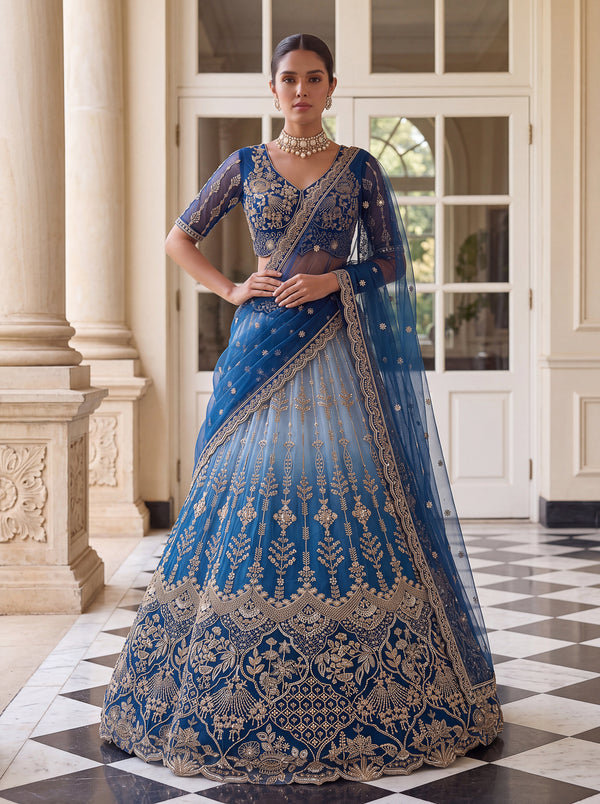 Teal Shaded Net Beads Embroidered Semi-Stitched Lehenga Choli House of Panchhi