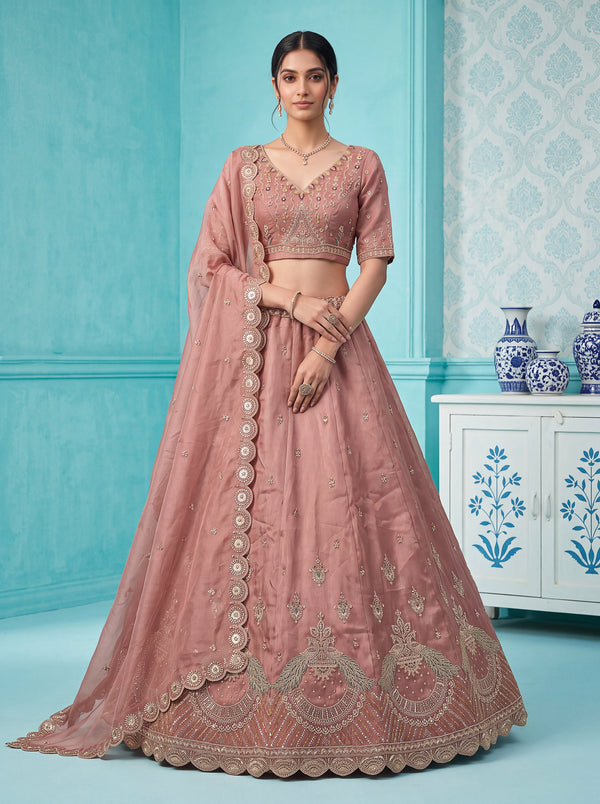 Rosegold Color Silk Silk Peacock Motif Handwork Semi-Stitched Lehenga Choli House of Panchhi