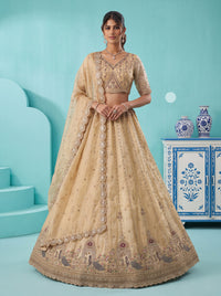Beige Color Silk Handwork with Floral & Peacock Motif Semi-Stitched Lehenga Choli