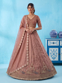 Rosegold Color Silk Handwork with Floral & Peacock Motif Semi-Stitched Lehenga Choli
