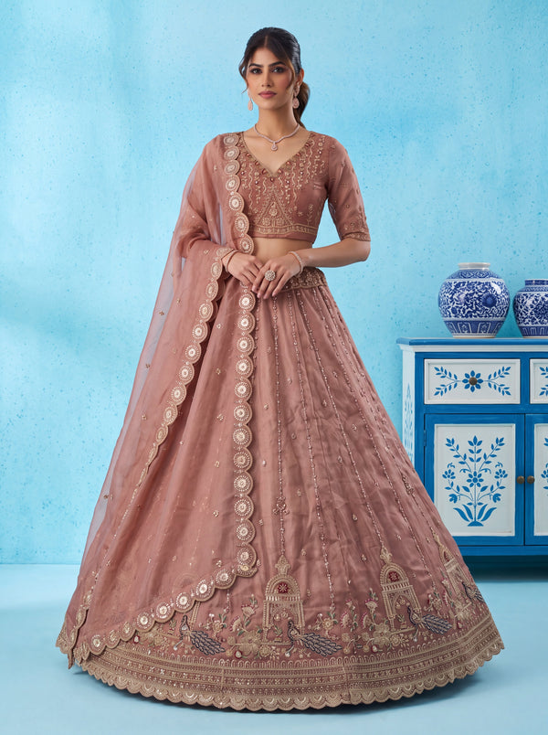 Rosegold Color Silk Handwork with Floral & Peacock Motif Semi-Stitched Lehenga Choli House of Panchhi
