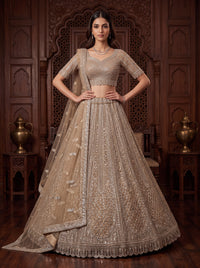 Beige Color Net Embroidered using Zarkan,Golden Sequin Semi-Stitched Lehenga Choli